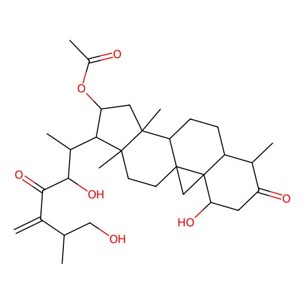 2D Structure of [(1S,3S,4S,7S,8S,11S,12S,14S,15R,16R)-15-[(2S,3R,6R)-3,7-dihydroxy-6-methyl-5-methylidene-4-oxoheptan-2-yl]-4-hydroxy-7,12,16-trimethyl-6-oxo-14-pentacyclo[9.7.0.01,3.03,8.012,16]octadecanyl] acetate