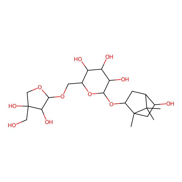2D Structure of (2S,3R,4R,5S,6S)-2-[[(2S,3S,4S)-3,4-dihydroxy-4-(hydroxymethyl)oxolan-2-yl]oxymethyl]-6-[[(1S,2R,4S,5S)-5-hydroxy-1,7,7-trimethyl-2-bicyclo[2.2.1]heptanyl]oxy]oxane-3,4,5-triol