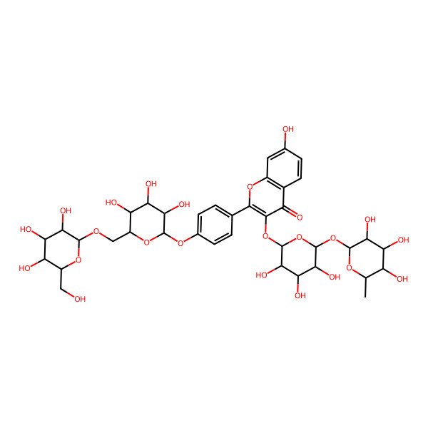 2D Structure of 7-Hydroxy-2-[4-[3,4,5-trihydroxy-6-[[3,4,5-trihydroxy-6-(hydroxymethyl)oxan-2-yl]oxymethyl]oxan-2-yl]oxyphenyl]-3-[3,4,5-trihydroxy-6-(3,4,5-trihydroxy-6-methyloxan-2-yl)oxyoxan-2-yl]oxychromen-4-one