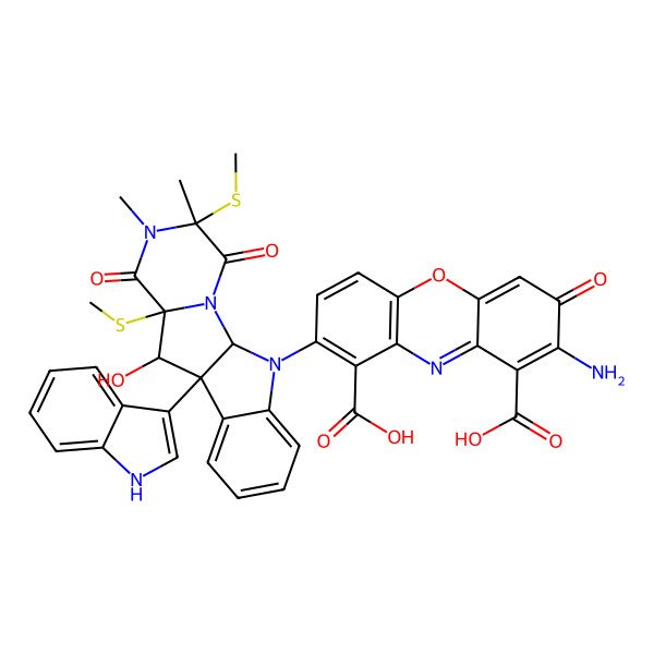 2D Structure of 2-amino-8-[8-hydroxy-9-(1H-indol-3-yl)-4,5-dimethyl-4,7-bis(methylsulfanyl)-3,6-dioxo-2,5,16-triazatetracyclo[7.7.0.02,7.010,15]hexadeca-10,12,14-trien-16-yl]-3-oxophenoxazine-1,9-dicarboxylic acid