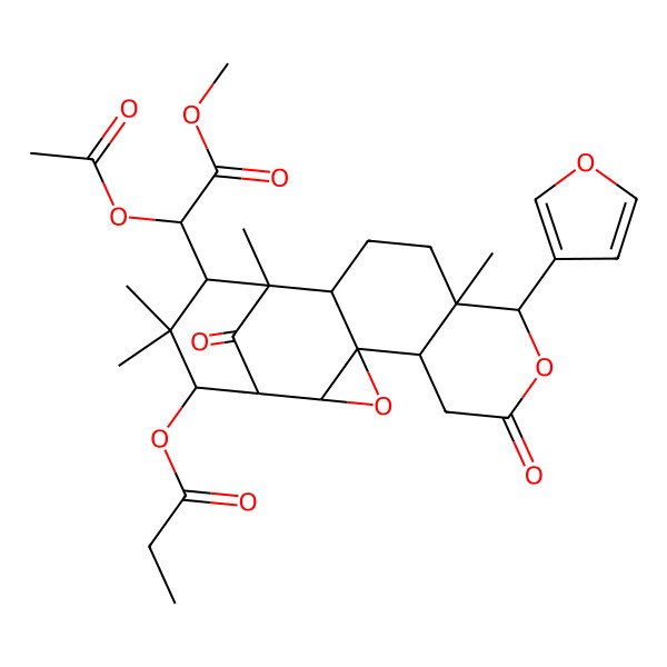 2D Structure of [(1S,2R,4S,5R,9R,10R,13R,14S,15S,17R)-15-[(1R)-1-acetyloxy-2-methoxy-2-oxoethyl]-9-(furan-3-yl)-10,14,16,16-tetramethyl-7,18-dioxo-3,8-dioxapentacyclo[12.3.1.02,4.04,13.05,10]octadecan-17-yl] propanoate