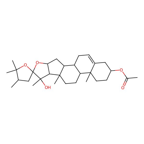 2D Structure of (7-Hydroxy-2',2',3',7,9,13-hexamethylspiro[5-oxapentacyclo[10.8.0.02,9.04,8.013,18]icos-18-ene-6,5'-oxolane]-16-yl) acetate