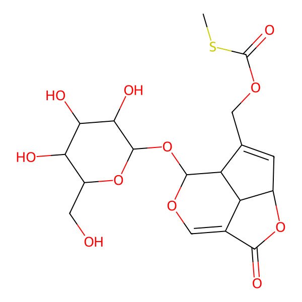 2D Structure of [2-Oxo-8-[3,4,5-trihydroxy-6-(hydroxymethyl)oxan-2-yl]oxy-3,9-dioxatricyclo[5.3.1.04,11]undeca-1(10),5-dien-6-yl]methyl methylsulfanylformate