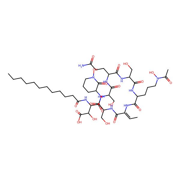 2D Structure of 4-[[1-[[1-[[1-[[5-[Acetyl(hydroxy)amino]-1-[[1-[[3-hydroxy-1-[(1-hydroxy-2-oxopiperidin-3-yl)amino]-1-oxopropan-2-yl]amino]-1-oxobut-2-en-2-yl]amino]-1-oxopentan-2-yl]amino]-3-hydroxy-1-oxopropan-2-yl]amino]-5-amino-1,5-dioxopentan-2-yl]amino]-3-hydroxy-1-oxopropan-2-yl]amino]-3-(dodecanoylamino)-2-hydroxy-4-oxobutanoic acid
