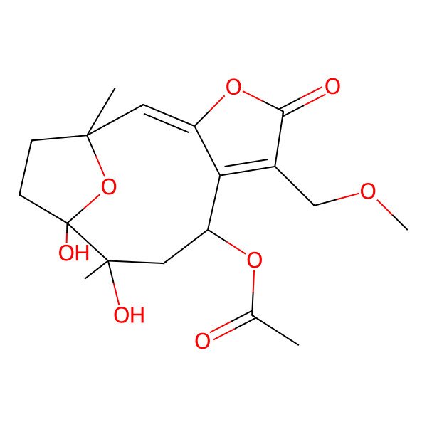 2D Structure of [(1R,2E,8R,10S,11S)-10,11-dihydroxy-6-(methoxymethyl)-1,10-dimethyl-5-oxo-4,14-dioxatricyclo[9.2.1.03,7]tetradeca-2,6-dien-8-yl] acetate