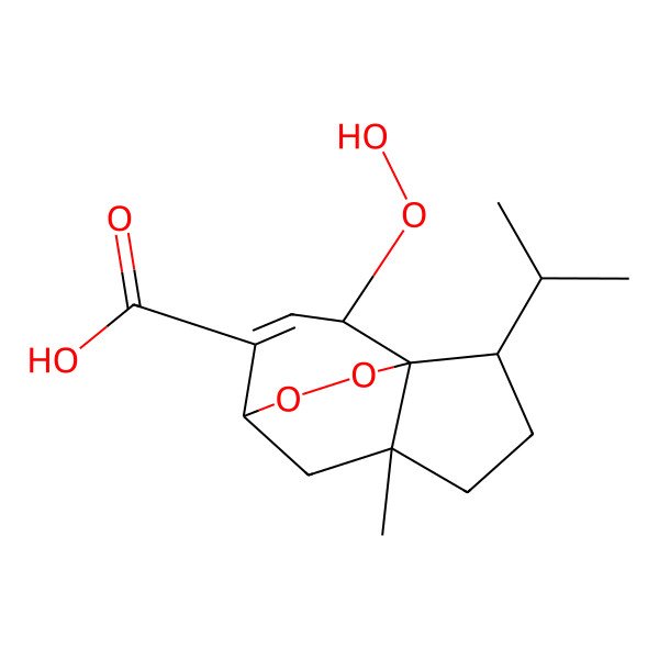 2D Structure of (1R,2R,5R,7S,10S)-10-hydroperoxy-5-methyl-2-propan-2-yl-11,12-dioxatricyclo[5.3.2.01,5]dodec-8-ene-8-carboxylic acid