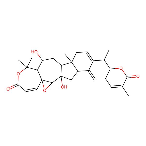 2D Structure of 1,11-Dihydroxy-9,9,14-trimethyl-18-methylidene-17-[1-(5-methyl-6-oxo-2,3-dihydropyran-2-yl)ethyl]-3,8-dioxapentacyclo[11.7.0.02,4.04,10.014,19]icosa-5,16-dien-7-one