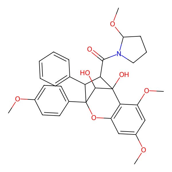 2D Structure of [1,12-Dihydroxy-3,5-dimethoxy-9-(4-methoxyphenyl)-10-phenyl-8-oxatricyclo[7.2.1.02,7]dodeca-2(7),3,5-trien-11-yl]-(2-methoxypyrrolidin-1-yl)methanone