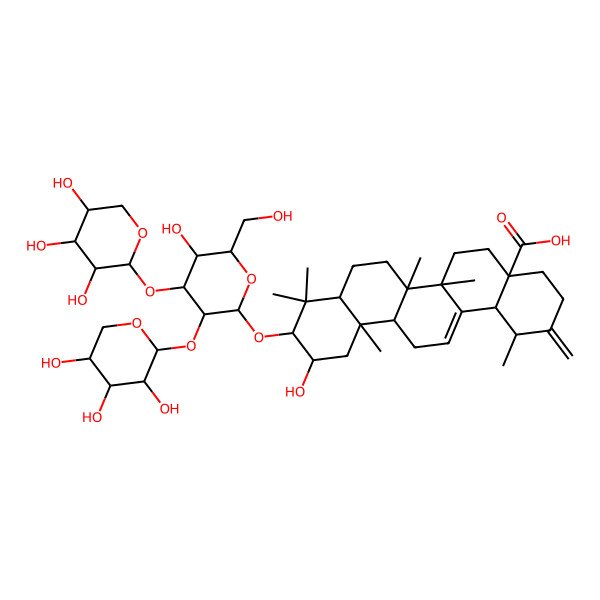 2D Structure of (1R,4aS,6aR,6aS,6bR,8aR,10R,11R,12aR,14bS)-11-hydroxy-10-[(2R,3R,4S,5R,6R)-5-hydroxy-6-(hydroxymethyl)-4-[(2S,3R,4S,5R)-3,4,5-trihydroxyoxan-2-yl]oxy-3-[(2S,3R,4S,5S)-3,4,5-trihydroxyoxan-2-yl]oxyoxan-2-yl]oxy-1,6a,6b,9,9,12a-hexamethyl-2-methylidene-1,3,4,5,6,6a,7,8,8a,10,11,12,13,14b-tetradecahydropicene-4a-carboxylic acid