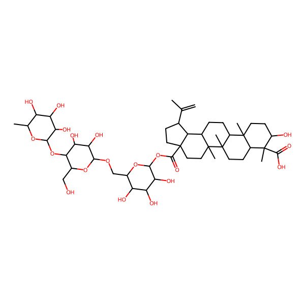 2D Structure of (1R,3aS,5aR,5bR,7aR,8S,9R,11aR,11bR,13aR,13bS)-3a-[(2S,3R,4S,5S,6R)-6-[[(2R,3R,4S,5S,6R)-3,4-dihydroxy-6-(hydroxymethyl)-5-[(2S,3R,4R,5R,6S)-3,4,5-trihydroxy-6-methyloxan-2-yl]oxyoxan-2-yl]oxymethyl]-3,4,5-trihydroxyoxan-2-yl]oxycarbonyl-9-hydroxy-5a,5b,8,11a-tetramethyl-1-prop-1-en-2-yl-1,2,3,4,5,6,7,7a,9,10,11,11b,12,13,13a,13b-hexadecahydrocyclopenta[a]chrysene-8-carboxylic acid