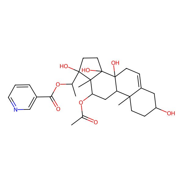 2D Structure of [(1S)-1-[(3S,8S,9R,10R,12R,13R,14R,17S)-12-acetyloxy-3,8,14,17-tetrahydroxy-10,13-dimethyl-1,2,3,4,7,9,11,12,15,16-decahydrocyclopenta[a]phenanthren-17-yl]ethyl] pyridine-3-carboxylate