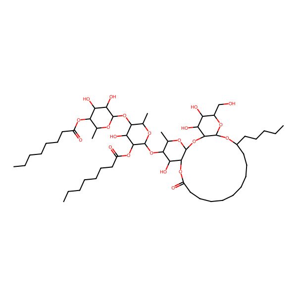 2D Structure of [4,5-Dihydroxy-6-[4-hydroxy-2-methyl-5-octanoyloxy-6-[[7,25,26-trihydroxy-24-(hydroxymethyl)-5-methyl-10-oxo-20-pentyl-2,4,9,21,23-pentaoxatricyclo[20.4.0.03,8]hexacosan-6-yl]oxy]oxan-3-yl]oxy-2-methyloxan-3-yl] octanoate