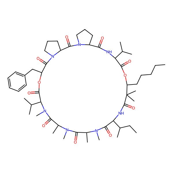 2D Structure of 9-Benzyl-21-butan-2-yl-13,15,16,18,19,24,24-heptamethyl-25-pentyl-12,28-di(propan-2-yl)-10,26-dioxa-1,7,13,16,19,22,29-heptazatricyclo[29.3.0.03,7]tetratriacontane-2,8,11,14,17,20,23,27,30-nonone