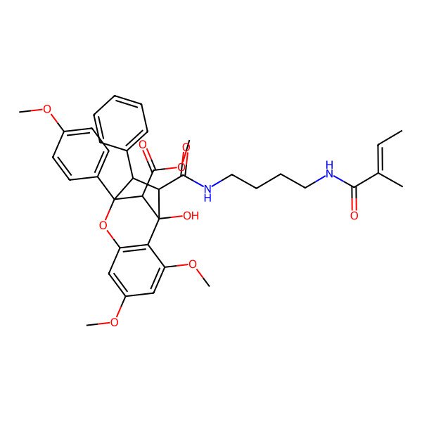 2D Structure of methyl (1S,9S,10S,11R,12R)-1-hydroxy-3,5-dimethoxy-9-(4-methoxyphenyl)-11-[4-[[(E)-2-methylbut-2-enoyl]amino]butylcarbamoyl]-10-phenyl-8-oxatricyclo[7.2.1.02,7]dodeca-2(7),3,5-triene-12-carboxylate