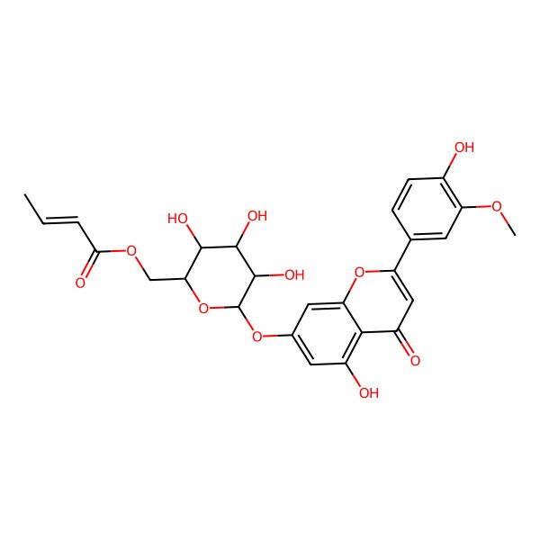 2D Structure of [(2R,3R,4S,5S,6S)-3,4,5-trihydroxy-6-[5-hydroxy-2-(4-hydroxy-3-methoxyphenyl)-4-oxochromen-7-yl]oxyoxan-2-yl]methyl (E)-but-2-enoate