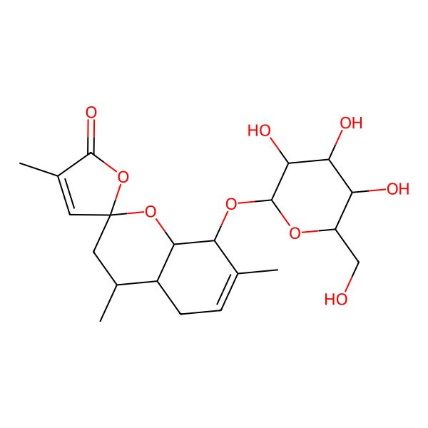 2D Structure of (2R,4S,4aR,8R,8aR)-3',4,7-trimethyl-8-[(2R,3R,4S,5S,6R)-3,4,5-trihydroxy-6-(hydroxymethyl)oxan-2-yl]oxyspiro[3,4,4a,5,8,8a-hexahydrochromene-2,5'-furan]-2'-one