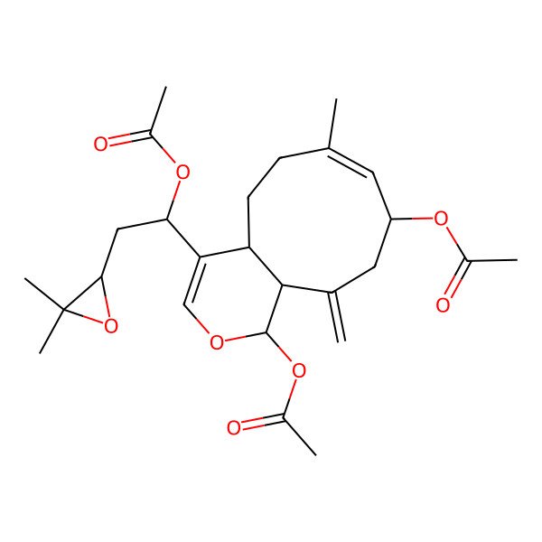 2D Structure of [(7Z)-1-acetyloxy-4-[1-acetyloxy-2-(3,3-dimethyloxiran-2-yl)ethyl]-7-methyl-11-methylidene-4a,5,6,9,10,11a-hexahydro-1H-cyclonona[c]pyran-9-yl] acetate