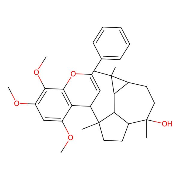 2D Structure of 1,1,4,7-tetramethyl-7-(5,7,8-trimethoxy-2-phenyl-4H-chromen-4-yl)-1a,2,3,4a,5,6,7a,7b-octahydrocyclopropa[e]azulen-4-ol