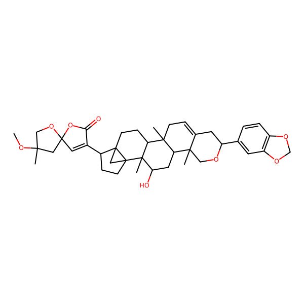 2D Structure of (5R,8R)-3-[(1S,2R,3R,5R,6R,9S,14S,15R,18R,19R)-9-(1,3-benzodioxol-5-yl)-3-hydroxy-2,6,14-trimethyl-8-oxahexacyclo[16.3.1.01,18.02,15.05,14.06,11]docos-11-en-19-yl]-8-methoxy-8-methyl-1,6-dioxaspiro[4.4]non-3-en-2-one