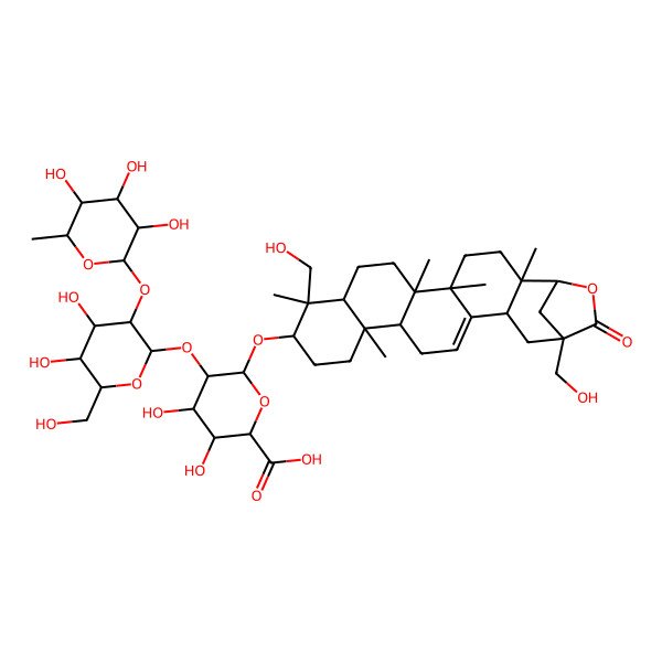 2D Structure of 6-[[10,21-Bis(hydroxymethyl)-2,5,6,10,14-pentamethyl-22-oxo-23-oxahexacyclo[19.2.1.02,19.05,18.06,15.09,14]tetracos-17-en-11-yl]oxy]-5-[4,5-dihydroxy-6-(hydroxymethyl)-3-(3,4,5-trihydroxy-6-methyloxan-2-yl)oxyoxan-2-yl]oxy-3,4-dihydroxyoxane-2-carboxylic acid