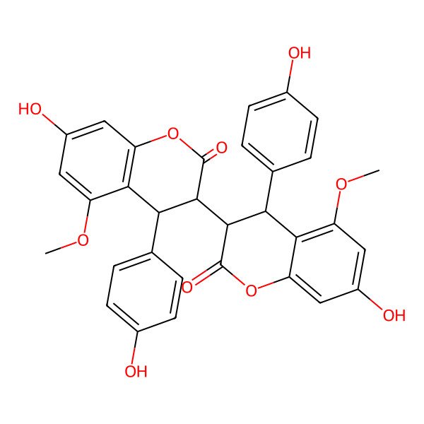 2D Structure of 7-Hydroxy-3-[7-hydroxy-4-(4-hydroxyphenyl)-5-methoxy-2-oxo-3,4-dihydrochromen-3-yl]-4-(4-hydroxyphenyl)-5-methoxy-3,4-dihydrochromen-2-one