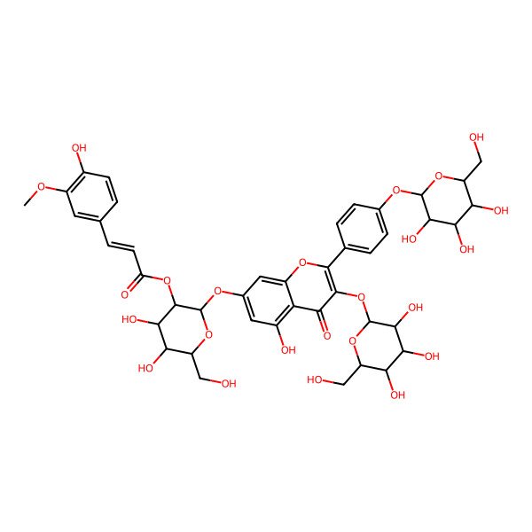 2D Structure of 4H-1-Benzopyran-4-one, 3-(beta-D-glucopyranosyloxy)-2-[4-(beta-D-glucopyranosyloxy)phenyl]-5-hydroxy-7-[[2-O-[3-(4-hydroxy-3-methoxyphenyl)-1-oxo-2-propenyl]-beta-D-glucopyranosyl]oxy]-, (E)-