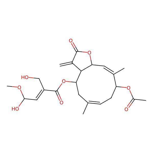 2D Structure of [(3aR,4R,6E,9S,10Z,11aR)-9-acetyloxy-6,10-dimethyl-3-methylidene-2-oxo-3a,4,5,8,9,11a-hexahydrocyclodeca[b]furan-4-yl] (E,4S)-4-hydroxy-2-(hydroxymethyl)-4-methoxybut-2-enoate