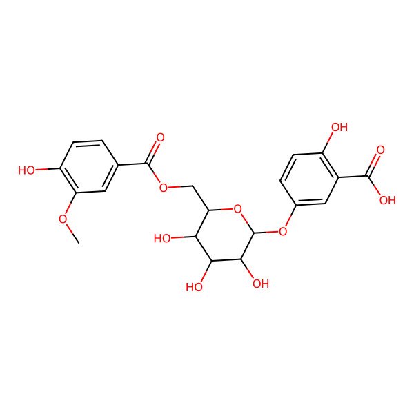 2D Structure of 2-hydroxy-5-[(2S,3R,4S,5S,6R)-3,4,5-trihydroxy-6-[(4-hydroxy-3-methoxybenzoyl)oxymethyl]oxan-2-yl]oxybenzoic acid