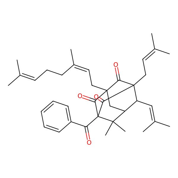 2D Structure of (1R,3S,5R,7R,8S)-5-benzoyl-3-(3,7-dimethylocta-2,6-dienyl)-6,6-dimethyl-1-(3-methylbut-2-enyl)-8-(2-methylprop-1-enyl)adamantane-2,4,9-trione