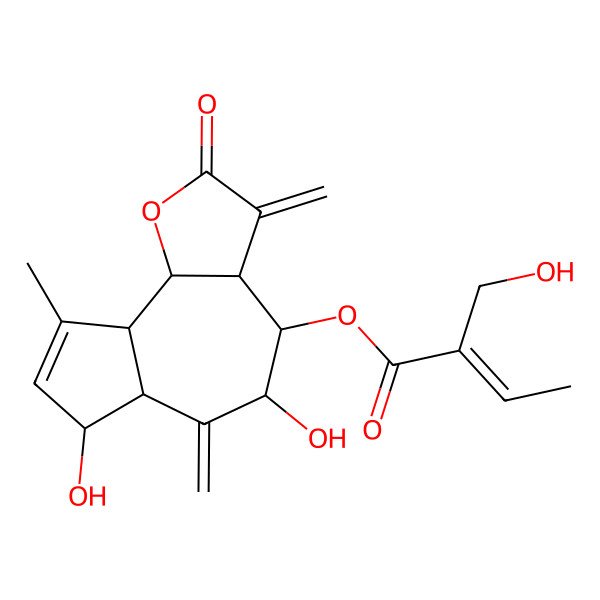2D Structure of (5,7-dihydroxy-9-methyl-3,6-dimethylidene-2-oxo-4,5,6a,7,9a,9b-hexahydro-3aH-azuleno[4,5-b]furan-4-yl) 2-(hydroxymethyl)but-2-enoate