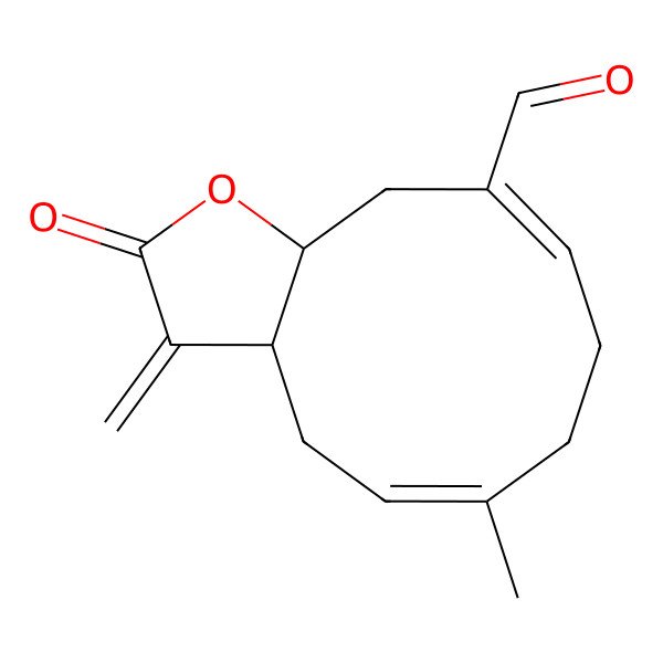 2D Structure of (3aS,5E,9E,11aR)-6-methyl-3-methylidene-2-oxo-3a,4,7,8,11,11a-hexahydrocyclodeca[b]furan-10-carbaldehyde