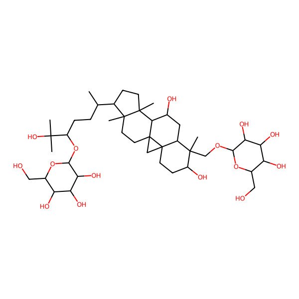 2D Structure of (2R,3R,4S,5S,6R)-2-[[(1S,3R,6S,7S,8R,10S,11S,12S,15R,16R)-6,10-dihydroxy-15-[(2R,5R)-6-hydroxy-6-methyl-5-[(2S,3R,4S,5S,6R)-3,4,5-trihydroxy-6-(hydroxymethyl)oxan-2-yl]oxyheptan-2-yl]-7,12,16-trimethyl-7-pentacyclo[9.7.0.01,3.03,8.012,16]octadecanyl]methoxy]-6-(hydroxymethyl)oxane-3,4,5-triol