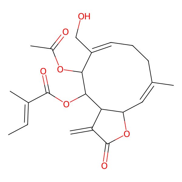 2D Structure of [(3aS,4S,5S,6Z,10E,11aR)-5-acetyloxy-6-(hydroxymethyl)-10-methyl-3-methylidene-2-oxo-3a,4,5,8,9,11a-hexahydrocyclodeca[b]furan-4-yl] (Z)-2-methylbut-2-enoate