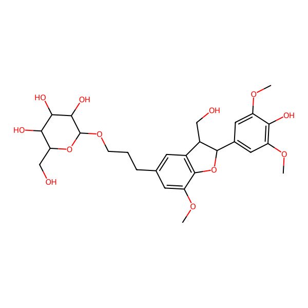 2D Structure of (2R,3R,4S,5S,6R)-2-[3-[(2R,3S)-2-(4-hydroxy-3,5-dimethoxyphenyl)-3-(hydroxymethyl)-7-methoxy-2,3-dihydro-1-benzofuran-5-yl]propoxy]-6-(hydroxymethyl)oxane-3,4,5-triol
