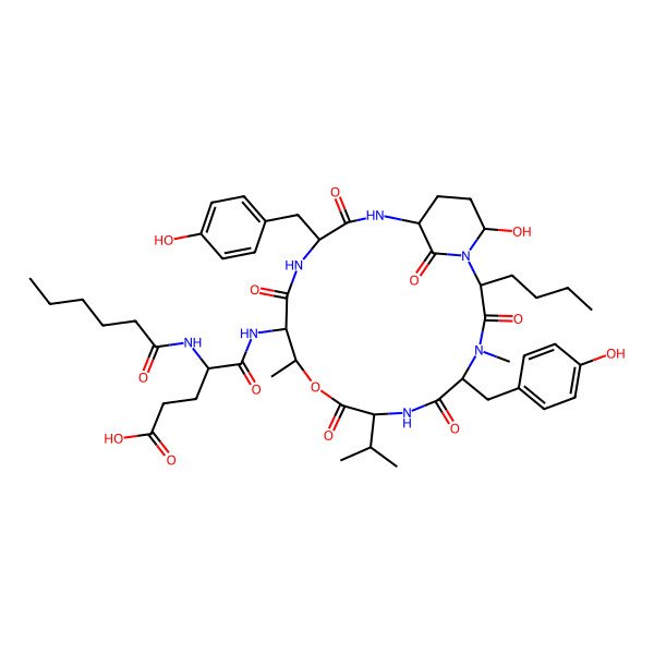 2D Structure of (4S)-5-[[(2S,5S,8S,11R,12S,15S,18S,21R)-2-butyl-21-hydroxy-5,15-bis[(4-hydroxyphenyl)methyl]-4,11-dimethyl-3,6,9,13,16,22-hexaoxo-8-propan-2-yl-10-oxa-1,4,7,14,17-pentazabicyclo[16.3.1]docosan-12-yl]amino]-4-(hexanoylamino)-5-oxopentanoic acid