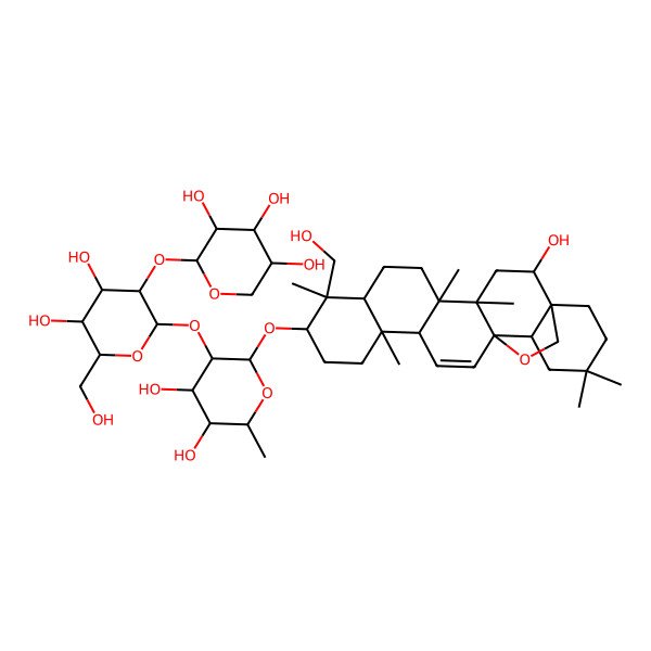 2D Structure of (2S,3R,4S,5R)-2-[(2S,3R,4S,5S,6R)-2-[(2R,3R,4S,5R,6R)-4,5-dihydroxy-2-[[(1S,2R,4S,5R,8R,9R,10S,13S,14R,17S,18R)-2-hydroxy-9-(hydroxymethyl)-4,5,9,13,20,20-hexamethyl-24-oxahexacyclo[15.5.2.01,18.04,17.05,14.08,13]tetracos-15-en-10-yl]oxy]-6-methyloxan-3-yl]oxy-4,5-dihydroxy-6-(hydroxymethyl)oxan-3-yl]oxyoxane-3,4,5-triol