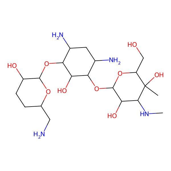 2D Structure of (2R,3R,4R,5R,6S)-6-[(1R,2R,3S,4R,6S)-4,6-diamino-3-[(2R,3R,6S)-6-(aminomethyl)-3-hydroxyoxan-2-yl]oxy-2-hydroxycyclohexyl]oxy-2-(hydroxymethyl)-3-methyl-4-(methylamino)oxane-3,5-diol