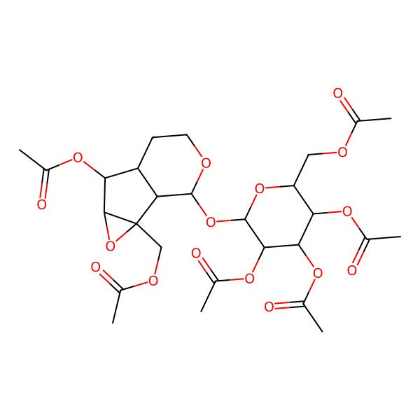 2D Structure of [(2R,3R,4S,5R,6S)-3,4,5-triacetyloxy-6-[[(1S,2S,4S,5S,6R,10S)-5-acetyloxy-2-(acetyloxymethyl)-3,9-dioxatricyclo[4.4.0.02,4]decan-10-yl]oxy]oxan-2-yl]methyl acetate