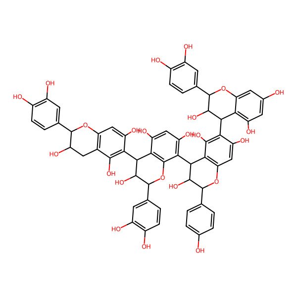 2D Structure of (2R,3R,4S)-2-(3,4-dihydroxyphenyl)-4-[(2R,3R)-2-(3,4-dihydroxyphenyl)-3,5,7-trihydroxy-3,4-dihydro-2H-chromen-6-yl]-8-[(2R,3R,4R)-6-[(2R,3R,4S)-2-(3,4-dihydroxyphenyl)-3,5,7-trihydroxy-3,4-dihydro-2H-chromen-4-yl]-3,5,7-trihydroxy-2-(4-hydroxyphenyl)-3,4-dihydro-2H-chromen-4-yl]-3,4-dihydro-2H-chromene-3,5,7-triol