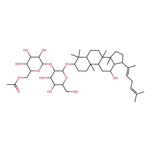 2D Structure of [(2R,3S,4S,5R,6S)-6-[(2R,3R,4S,5S,6R)-4,5-dihydroxy-6-(hydroxymethyl)-2-[[(3S,5R,8R,9R,10R,12R,13R,14R,17S)-12-hydroxy-4,4,8,10,14-pentamethyl-17-[(2Z)-6-methylhepta-2,5-dien-2-yl]-2,3,5,6,7,9,11,12,13,15,16,17-dodecahydro-1H-cyclopenta[a]phenanthren-3-yl]oxy]oxan-3-yl]oxy-3,4,5-trihydroxyoxan-2-yl]methyl acetate