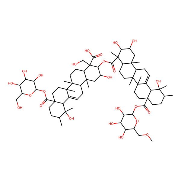 2D Structure of (2R,3S,4S,4aR,6aR,6bS,8aS,11R,12R,12aS,14aR,14bS)-3-[(2R,3R,4S,4aR,6aR,6bS,8aS,11R,12R,12aS,14aR,14bS)-2,3,12-trihydroxy-4,6a,6b,11,12,14b-hexamethyl-8a-[(2S,3R,4S,5S,6R)-3,4,5-trihydroxy-6-(methoxymethyl)oxan-2-yl]oxycarbonyl-1,2,3,4a,5,6,7,8,9,10,11,12a,14,14a-tetradecahydropicene-4-carbonyl]oxy-2,12-dihydroxy-4-(hydroxymethyl)-6a,6b,11,12,14b-pentamethyl-8a-[(2S,3R,4S,5S,6R)-3,4,5-trihydroxy-6-(hydroxymethyl)oxan-2-yl]oxycarbonyl-1,2,3,4a,5,6,7,8,9,10,11,12a,14,14a-tetradecahydropicene-4-carboxylic acid