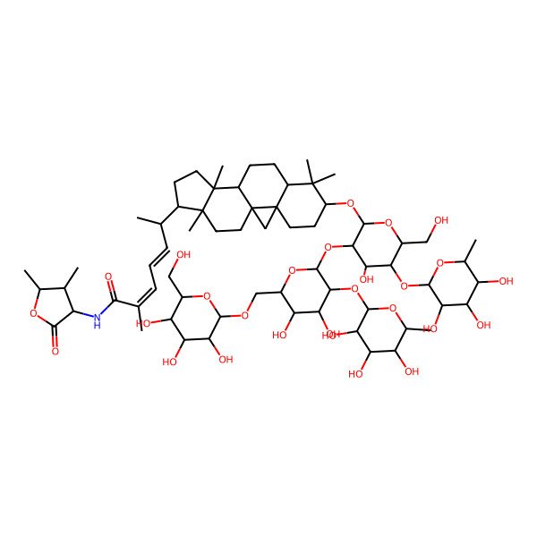 2D Structure of (2E,4E,6R)-6-[(1S,3R,6S,8R,11S,12S,15R,16R)-6-[(2R,3R,4S,5S,6R)-3-[(2S,3R,4S,5S,6R)-4,5-dihydroxy-6-[[(2R,3R,4S,5S,6R)-3,4,5-trihydroxy-6-(hydroxymethyl)oxan-2-yl]oxymethyl]-3-[(2S,3R,4R,5R,6S)-3,4,5-trihydroxy-6-methyloxan-2-yl]oxyoxan-2-yl]oxy-4-hydroxy-6-(hydroxymethyl)-5-[(2S,3R,4R,5R,6S)-3,4,5-trihydroxy-6-methyloxan-2-yl]oxyoxan-2-yl]oxy-7,7,12,16-tetramethyl-15-pentacyclo[9.7.0.01,3.03,8.012,16]octadecanyl]-N-[(3S,4R,5R)-4,5-dimethyl-2-oxooxolan-3-yl]-2-methylhepta-2,4-dienamide