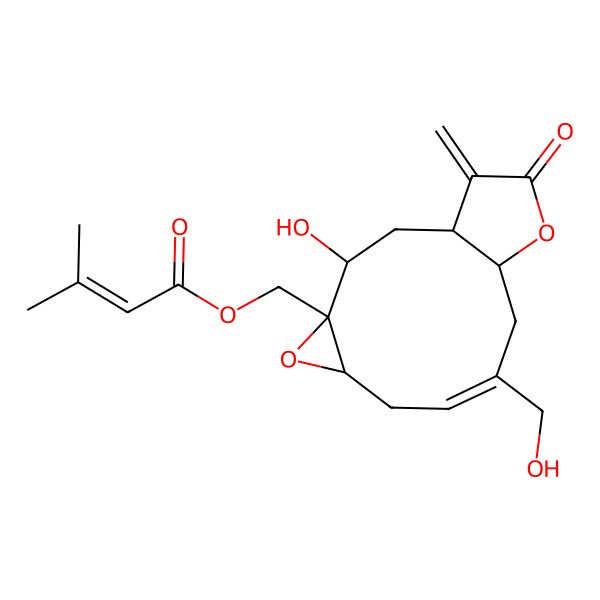 2D Structure of [(1R,3R,4R,6S,8E,11S)-3-hydroxy-9-(hydroxymethyl)-14-methylidene-13-oxo-5,12-dioxatricyclo[9.3.0.04,6]tetradec-8-en-4-yl]methyl 3-methylbut-2-enoate