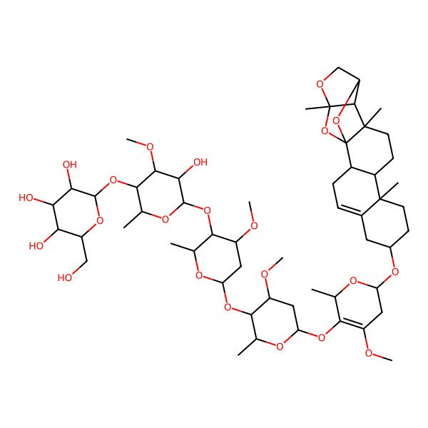 2D Structure of 2-[5-hydroxy-4-methoxy-6-[4-methoxy-6-[4-methoxy-6-[[4-methoxy-6-methyl-2-[[(1S,2R,7S,10R,11S,14R,15R,16R,19S)-10,14,16-trimethyl-17,20,21-trioxahexacyclo[14.4.1.01,14.02,11.05,10.015,19]henicos-4-en-7-yl]oxy]-3,6-dihydro-2H-pyran-5-yl]oxy]-2-methyloxan-3-yl]oxy-2-methyloxan-3-yl]oxy-2-methyloxan-3-yl]oxy-6-(hydroxymethyl)oxane-3,4,5-triol