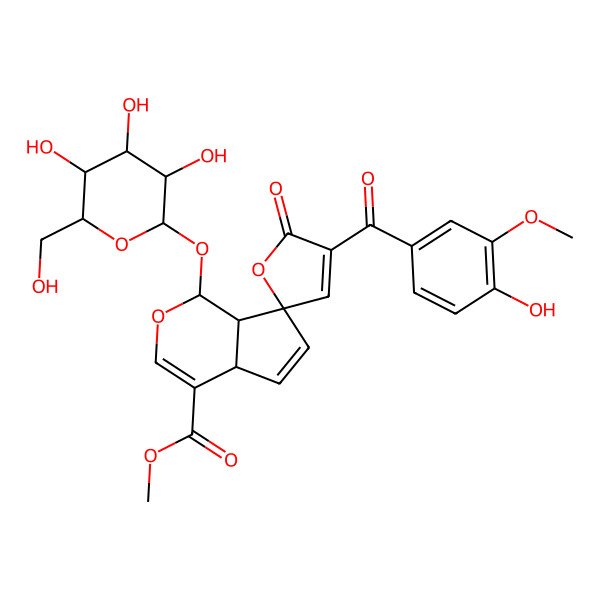 2D Structure of methyl 4'-(4-hydroxy-3-methoxybenzoyl)-5'-oxo-1-[3,4,5-trihydroxy-6-(hydroxymethyl)oxan-2-yl]oxyspiro[4a,7a-dihydro-1H-cyclopenta[c]pyran-7,2'-furan]-4-carboxylate