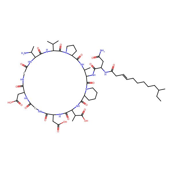 2D Structure of (2S)-2-[(3S,4R,7S,13S,16R,22S,28S,31S,34R)-16-[(1R)-1-aminoethyl]-3-[[(2S)-4-amino-2-[[(Z,10S)-10-methyldodec-3-enoyl]amino]-4-oxobutanoyl]amino]-22,28-bis(carboxymethyl)-4-methyl-2,6,12,15,18,21,24,27,30,33-decaoxo-13-propan-2-yl-1,5,11,14,17,20,23,26,29,32-decazatricyclo[32.4.0.07,11]octatriacontan-31-yl]propanoic acid