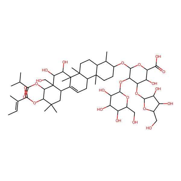 2D Structure of (2S,3S,4S,5R,6R)-6-[[(3S,4S,4aS,6aR,6bS,7R,8S,8aR,9R,10R,12aS,14aR,14bS)-7,8-dihydroxy-8a-(hydroxymethyl)-4,6a,6b,11,11,14b-hexamethyl-10-(2-methylbut-2-enoyloxy)-9-(2-methylpropanoyloxy)-2,3,4,4a,5,6,7,8,9,10,12,12a,14,14a-tetradecahydro-1H-picen-3-yl]oxy]-4-[(2S,3R,4R,5S)-3,4-dihydroxy-5-(hydroxymethyl)oxolan-2-yl]oxy-3-hydroxy-5-[(2S,3R,4S,5R,6R)-3,4,5-trihydroxy-6-(hydroxymethyl)oxan-2-yl]oxyoxane-2-carboxylic acid