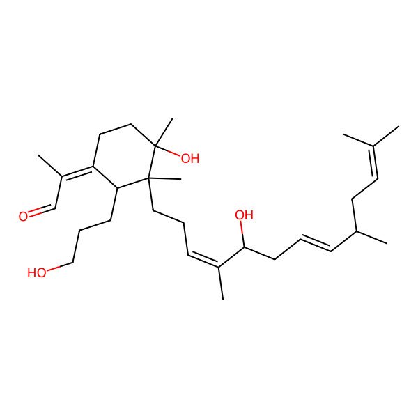 2D Structure of (2Z)-2-[(2R,3S,4S)-4-hydroxy-2-(3-hydroxypropyl)-3-[(3E,5R,7E,9S)-5-hydroxy-4,9,12-trimethyltrideca-3,7,11-trienyl]-3,4-dimethylcyclohexylidene]propanal