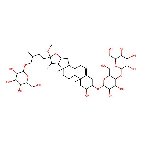 2D Structure of (2R,3R,4S,5S,6R)-2-[4-[(1S,2S,4S,6R,7S,8R,9S,12S,13R,15R,16R)-16-[(2R,3R,4R,5R,6R)-3,4-dihydroxy-6-(hydroxymethyl)-5-[(2S,3R,4S,5S,6R)-3,4,5-trihydroxy-6-(hydroxymethyl)oxan-2-yl]oxyoxan-2-yl]oxy-15-hydroxy-6-methoxy-7,9,13-trimethyl-5-oxapentacyclo[10.8.0.02,9.04,8.013,18]icos-18-en-6-yl]-2-methylbutoxy]-6-(hydroxymethyl)oxane-3,4,5-triol