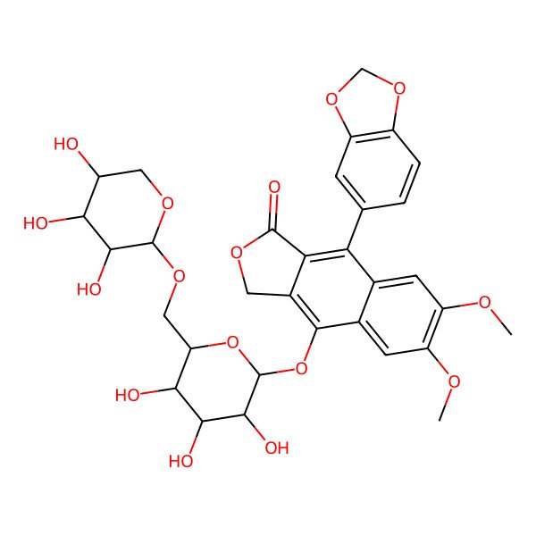 2D Structure of 9-(1,3-benzodioxol-5-yl)-6,7-dimethoxy-4-[(2S,3R,4S,5S,6R)-3,4,5-trihydroxy-6-[[(2S,3R,4S,5S)-3,4,5-trihydroxyoxan-2-yl]oxymethyl]oxan-2-yl]oxy-3H-benzo[f][2]benzofuran-1-one